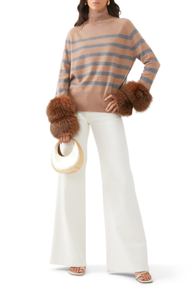 Striped Polo Neck Sweater with Fox Fur Cuffs